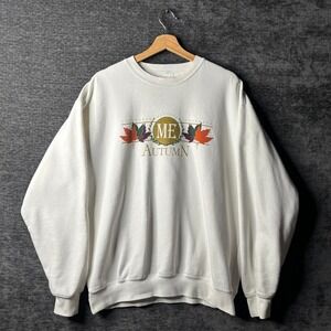 Vintage Castaways Maine Autumn Graphic Sweatshirt White Large Fall Leaves Y2K